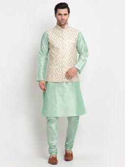 Kraft India - Men Dupion Silk Sea Green Kurta with Churidar & Embroidered Nehru Jacket (Set of 3)