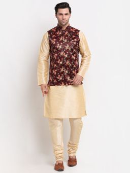 Kraft India - Men Dupion Silk Beige Kurta with Churidar & Maroon Printed Nehru Jacket (Set of 3)