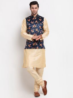 Kraft India - Men Dupion Silk Beige Kurta with Churidar & Blue Printed Nehru Jacket (Set of 3)