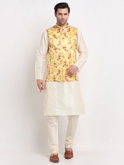 Kraft India - Men Dupion Silk Cream Kurta with Churidar & Yellow Printed Nehru Jacket (Set of 3)