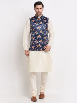 Kraft India - Men Dupion Silk Cream Kurta with Churidar & Blue Printed Nehru Jacket (Set of 3)