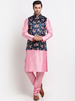 Kraft India - Men Dupion Silk Pink Kurta with Churidar & Blue Printed Nehru Jacket (Set of 3)