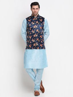 Kraft India - Men Dupion Silk Turquoise Blue Kurta with Churidar Printed Nehru Jacket (Set of 3)