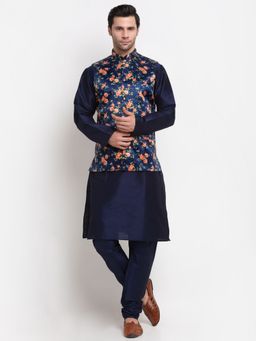 Kraft India - Men Dupion Silk Navy Blue Kurta with Churidar & Printed Nehru Jacket (Set of 3)