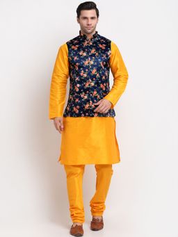 Kraft India - Men Dupion Silk Mustard Kurta with Churidar & Blue Printed Nehru Jacket (Set of 3)