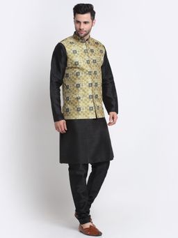Kraft India - Men Silk Blend Black Kurta & Churidar with Yellow Printed Nehru Jacket (Set of 3)