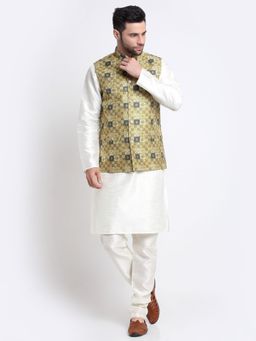 Kraft India - Men Silk Blend Cream Kurta & Churidar with Yellow Printed Nehru Jacket (Set of 3)
