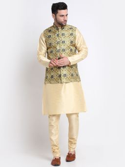 Kraft India - Men Silk Blend Beige Kurta & Churidar with Yellow Printed Nehru Jacket (Set of 3)