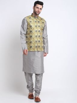 Kraft India - Men Silk Blend Kurta & Churidar with Yellow Printed Nehru Jacket (Set of 3)
