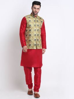 Kraft India - Men Silk Blend Red Kurta & Churidar with Yellow Printed Nehru Jacket (Set of 3)