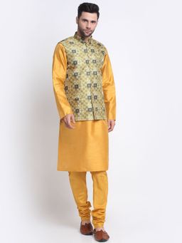 Kraft India - Men Silk Blend Mustard Kurta & Churidar with Yellow Printed Nehru Jacket (Set of 3)