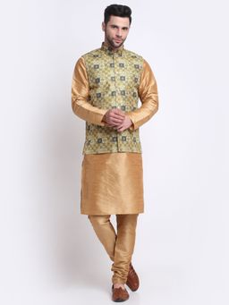 Kraft India - Men Silk Blend Kurta & Churidar with Yellow Printed Nehru Jacket (Set of 3)