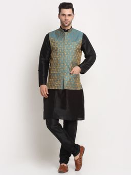 Kraft India - Men Silk Blend Black Kurta & Churidar with Blue Jacquard Nehru Jacket (Set of 3)
