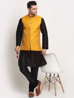 Kraft India - Men Black Kurta & Churidar with Yellow Jacquard Nehru Jacket (Set of 3)