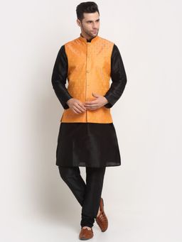 Kraft India - Men Silk Blend Black Kurta & Churidar with Orange Jacquard Nehru Jacket (Set of 3)