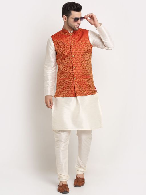 Kraft India Men Cream Kurta & Churidar with Red Jacquard Nehru Jacket (Set of 3)