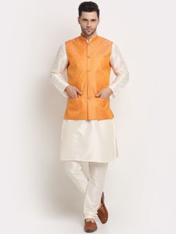 Kraft India - Men Silk Blend Cream Kurta & Churidar with Orange Jacquard Nehru Jacket (Set of 3)