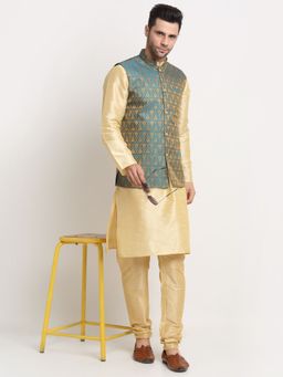 Kraft India - Men Silk Blend Beige Kurta & Churidar with Blue Jacquard Nehru Jacket (Set of 3)