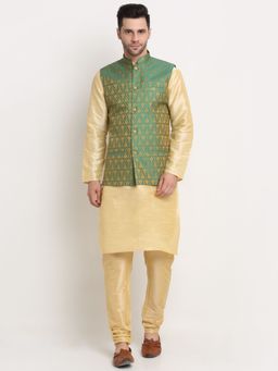 Kraft India - Men Silk Blend Beige Kurta & Churidar with Green Jacquard Nehru Jacket (Set of 3)
