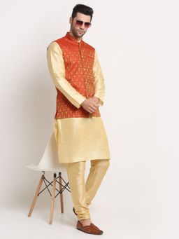 Kraft India - Men Silk Blend Beige Kurta & Churidar with Red Jacquard Nehru Jacket (Set of 3)