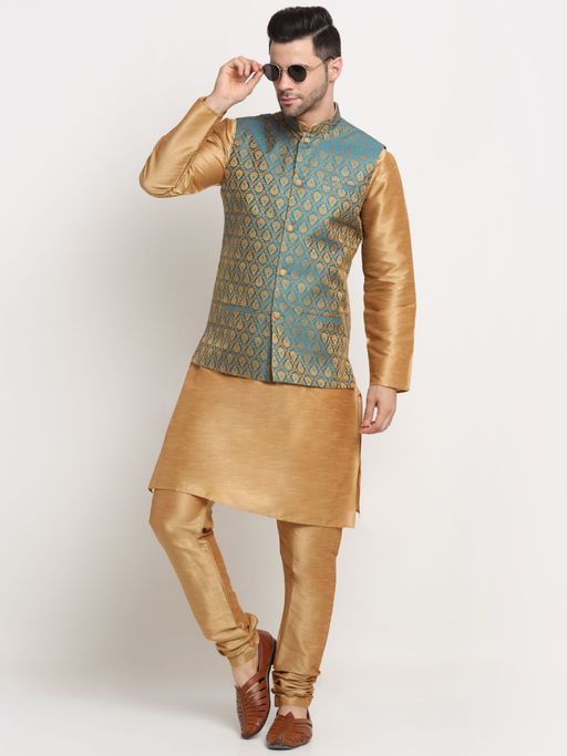 Kraft India Men Brown Kurta & Churidar with Blue Jacquard Nehru Jacket (Set of 3)
