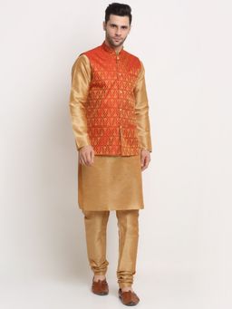 Kraft India - Men Brown Kurta & Churidar with Red Jacquard Nehru Jacket (Set of 3)