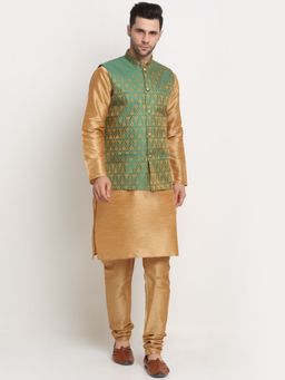 Kraft India - Men Brown Kurta & Churidar with Green Jacquard Nehru Jacket (Set of 3)