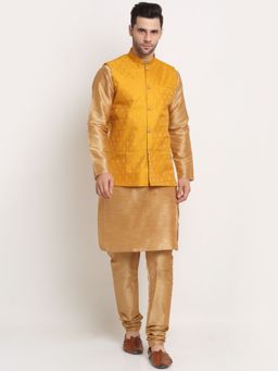 Kraft India - Men Brown Kurta & Churidar with Yellow Jacquard Nehru Jacket (Set of 3)