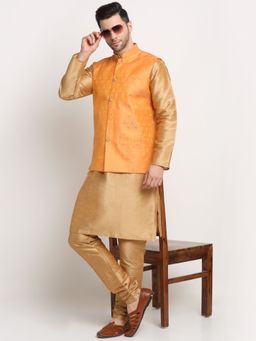 Kraft India - Men Silk Blend Kurta & Churidar with Orange Jacquard Nehru Jacket (Set of 3)