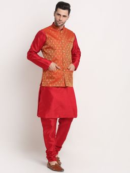 Kraft India - Men Silk Blend Red Kurta & Churidar with Red Jacquard Nehru Jacket (Set of 3)