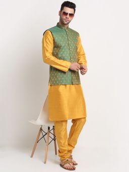 Kraft India - Men Mustard Kurta & Churidar with Green Jacquard Nehru Jacket (Set of 3)