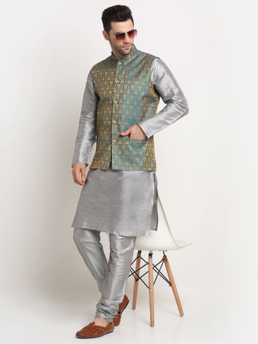 Kraft India Men Grey- Toned Kurta & Churidar with Blue Jacquard Nehru Jacket (Set of 3)