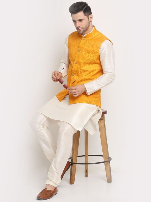 Kraft India Men Cream Kurta & Churidar with Yellow Jacquard Nehru Jacket (Set of 3)