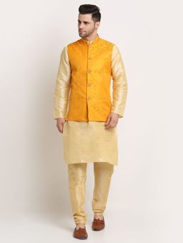 Kraft India - Men Beige Kurta & Churidar with Yellow Jacquard Nehru Jacket (Set of 3)