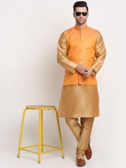 Kraft India - Men Silk Blend Kurta & Churidar with Orange Jacquard Nehru Jacket (Set of 3)
