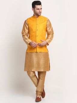 Kraft India - Men Silk Blend Kurta & Churidar with Yellow Jacquard Nehru Jacket (Set of 3)