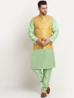Kraft India - Men Silk Blend Green Kurta & Churidar with Pista Jacquard Nehru Jacket (Set of 3)
