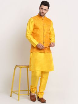 Kraft India - Men Silk Blend Yellow Kurta & Churidar with Jacquard Nehru Jacket (Set of 3)
