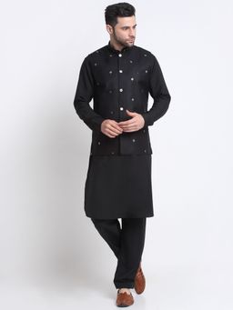Kraft India - Men Cotton Black Pathani Kurta & Salwar with Embroidered Nehru Jacket (Set of 3)