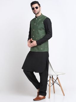 Kraft India - Cotton Black Pathani Kurta Salwar with Green Embroidered Nehru Jacket (Set of 3)