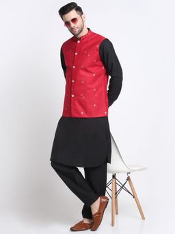 Kraft India - Men Cotton Black Pathani Kurta Salwar with Red Embroidered Nehru Jacket (Set of 3)