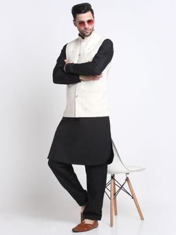 Kraft India - Cotton Black Pathani Kurta Salwar with White Embroidered Nehru Jacket (Set of 3)