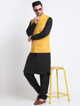 Kraft India - Cotton Black Pathani Kurta Salwar with Yellow Embroidered Nehru Jacket (Set of 3)