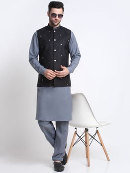 Kraft India - Men Cotton Grey Pathani Kurta Salwar with Black Embroidered Nehru Jacket (Set of 3)