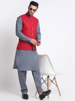 Kraft India - Men Cotton Grey Pathani Kurta & Salwar with Red Embroidered Nehru Jacket (Set of 3)