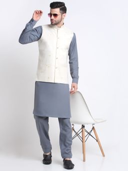 Kraft India - Men Cotton Grey Pathani Kurta Salwar with White Embroidered Nehru Jacket (Set of 3)