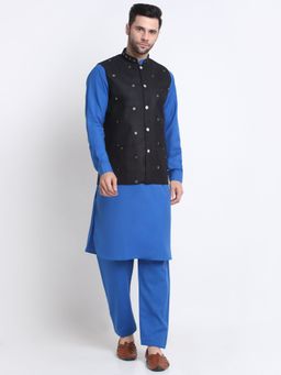 Kraft India - Cotton Royal Blue Pathani Kurta Salwar Black Embroidered Nehru Jacket (Set of 3)