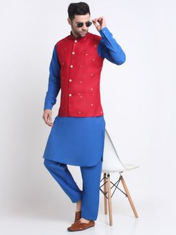 Kraft India - Cotton Royal Blue Pathani Kurta Salwar with Red Embroidered Nehru Jacket (Set of 3)