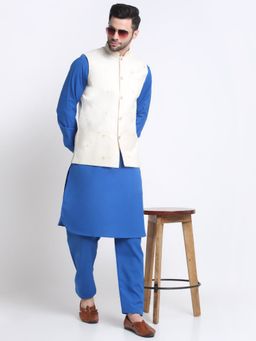 Kraft India - Cotton Royal Blue Pathani Kurta Salwar White Embroidered Nehru Jacket (Set of 3)