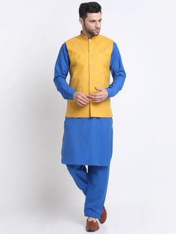 Kraft India - Cotton Royal Blue Pathani Kurta Salwar Yellow Embroidered Nehru Jacket (Set of 3)